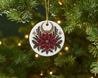Poinsettia Christmas Ornament Gothic VictorianFloral Decoration Holiday Tree Hanging Sphere Round Ceramic Glossy Bauble Burgundy