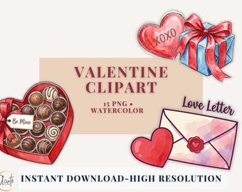 Valentine Clipart PNG Love Letters Hearts Chocolates Romantic Watercolor Graphics Instant Download