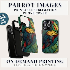 Puede incluir: Fundas para teléfono con un diseño de loro colorido. Las fundas son negras y verdes, con una ilustración de loro estilo vidriera en amarillo, rojo y azul. El texto en la imagen dice "PARROT IMAGES PRINTABLE SUBLIMATION PHONE COVER" y "ON DEMAND PRINTING".
