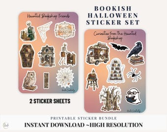Halloween Book Sticker Sheet Printable Bookish Journal Design Elements Ready to Use Cricut Cut File Bookstore Stickers Spooky Reading Gift
