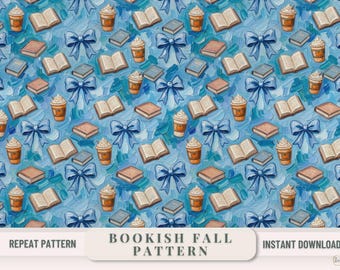 Book Coffee Pattern Pumpkin Spice Latte Design Blue Watercolor Autumn Background Seamless Repeating Fabric Print Digital Download Commercial