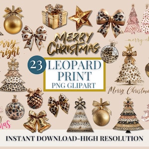 May include: A collection of Christmas-themed leopard print clip art elements. Includes Christmas trees, ornaments, bows, gift boxes, and text that reads "Merry Christmas" and "Merry & Bright". The image also includes the text "23 Leopard Print PNG Clipart".