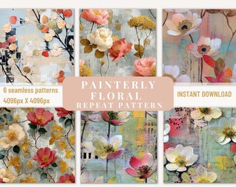 Painterly Floral Seamless Pattern Bundle Romantic Botanical Digital Paper