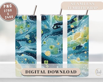 Emerald Green Marble Shamrock Tumbler Wrap PNG Alcohol Ink St Patrick’s Day