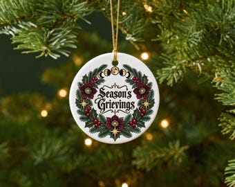 Celestial Christmas Ornament Moon Phase Wreath Design Witchy Tree Decoration Gothic Holiday Gift Personalized Round Ceramic Spooky Seasonal