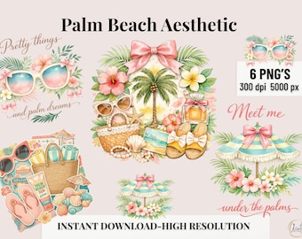 Watercolor Beach Clipart Tropical Summer Aesthetic Graphic Palm Wedding Invitation Coquette Coastal Grandmother Digital Download Png