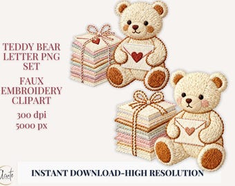 Valentines Teddy Bear DTF Faux Embroidery PNG Printable Nursery Prints