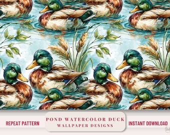 Watercolor Duck Pattern Fabric Wallpaper Designs Pond Waterfowl Swimming Mallard Digital Download Textile Printing Seamless Repeat Nature