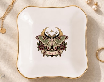 Personalized Trinket Dish Custom Ring Holder Ceramic Catchall Tray Luna Moth Lover Gift Celestial Moon Decor Botanical Witchy Jewelry
