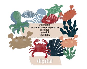 Crab Clipart: Beachy Seashells, Aquatic Sea Life (PNG Digital Download)