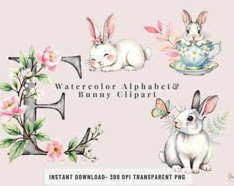 Watercolor Alphabet & Bunny Clipart PNG Floral Letters Printable Wall Art