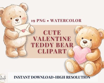 Valentine Clipart Kawaii Teddy Bear PNG Watercolor Bear Graphics Sublimation Design