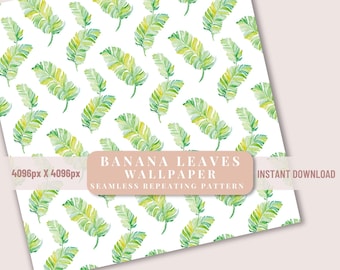 Banana Leaves Aesthetic Wallpaper Pattern Repeat Seamless Digital Download Tropical Background Phone Screen Spa Bathroom Shower Curtain