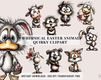 Whimsical Easter Animal Clipart Quirky Bunny PNGs Sketchy Spring Holiday Art Instant Download