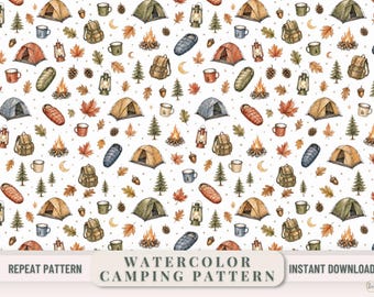 Camping Digital Paper Watercolor Camping Pattern Seamless Outdoor Adventure Fabric Design Enamel Camping Mug Graphics Nature Background