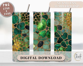 Emerald Green Gemstone Tumbler Wrap Shamrock PNG Gold Glitter 20 ounce Sublimation Design