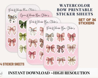Watercolor Bow Stickers PNG Bundle with Printable Sticker Sheets for Cricut