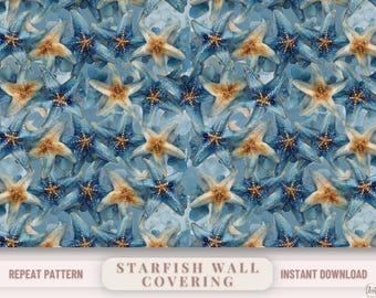 Coastal Wallpaper Pattern Printable Beach House Ocean Nursery Room Starfish Watercolor Blue Nautical Tote Design Seamless Repeat Marine