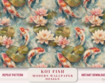 Koi Fish Wallpaper Designs Digital Download Background Lotus Flower Pond Art Lily Pads Water Pattern Zen Garden Desktop Screen Phone Display