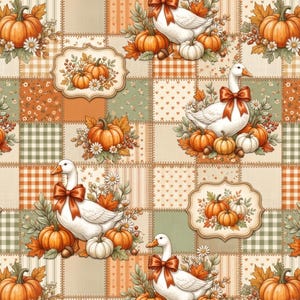 Vintage autumn seamless pattern featuring white geese with rust-orange bows, pumpkins, daisies, fall leaves, gingham squares, florals, and stitched patchwork blocks in orange, cream, sage green, and beige.