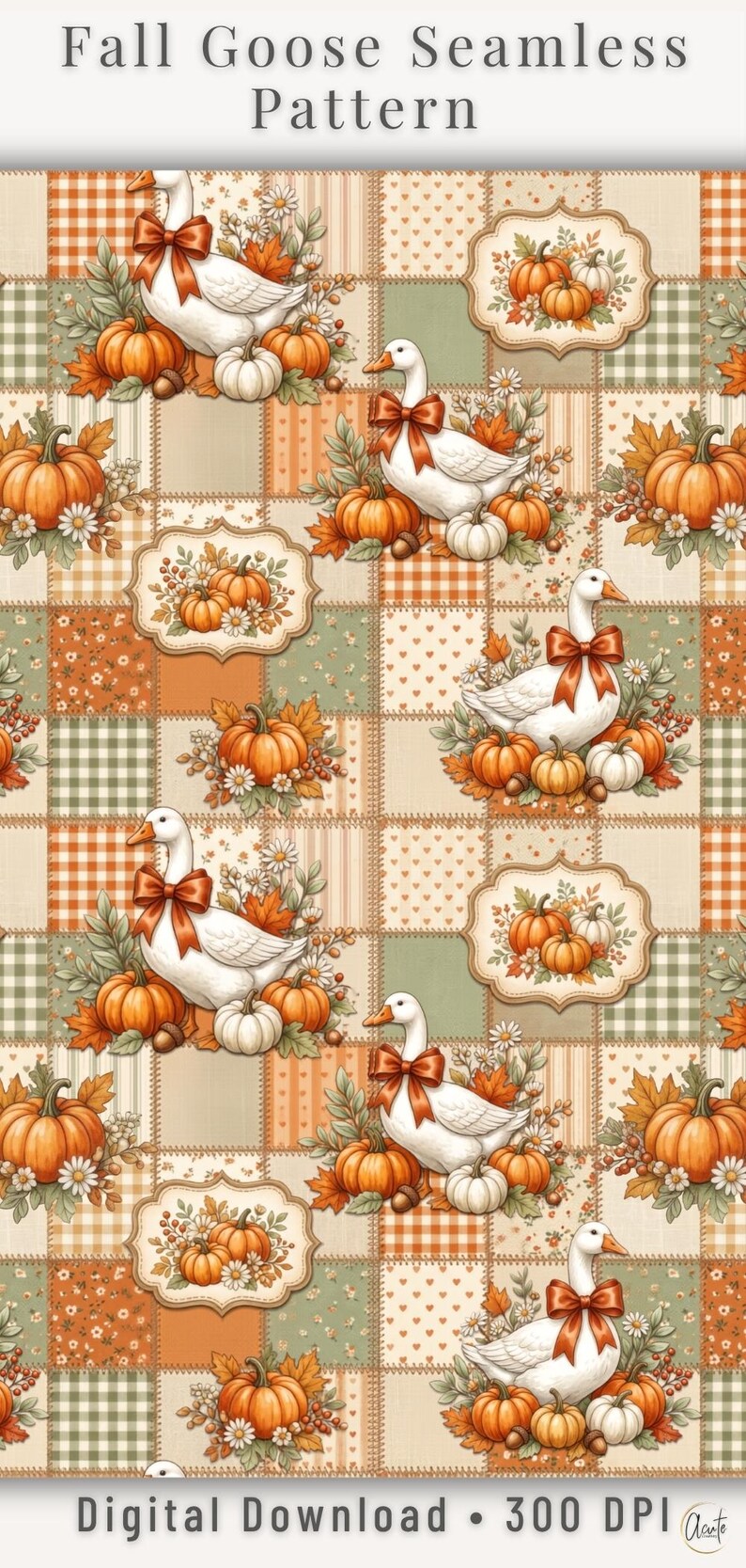 Vintage autumn seamless pattern featuring white geese with rust-orange bows, pumpkins, daisies, fall leaves, gingham squares, florals, and stitched patchwork blocks in orange, cream, sage green, and beige.