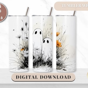 Ghost Wildflower Tumbler Wrap PNG 20 oz Skinny Tumbler Sublimation Halloween Floral Tumbler Design Digital Download