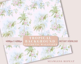 Tropical Wallpaper Pattern Repeat Design Aesthetic Phone Background Palm Leaves Pink Flowers Preppy Summer Digital Download Tablet Computer