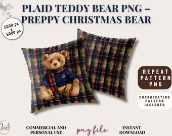 Maglione orsacchiotto Clipart PNG Tartan Plaid Motivo senza cuciture Natale Sublimazione