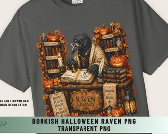 Raven Shirt Design Halloween Crow Art Print Retro Book Lover Gift Tee Graphic Illustration Primitive Aesthetic Autumn Spooky Vintage Library