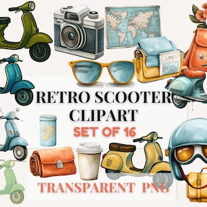 Könnte beinhalten: Aquarell-Illustration eines Retro-Roller-Clipart-Sets. Das Bild enthält verschiedene Roller in Grün, Blau und Gelb, sowie eine Vintage-Kamera, Sonnenbrille, eine Karte und Reiseaccessoires. Der Text lautet "Retro Scooter Clipart Set of 16 Transparent PNG."