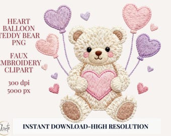 Teddy Bear Valentines Clipart DTF Faux Embroidery PNG Printable Nursery Wall Art