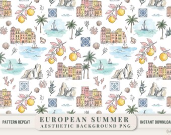 Mediterranean Watercolor Pattern Background Png European Summer Aesthetic Phone Case Trendy Cell Design Coastal Wallpaper Pastel Italian