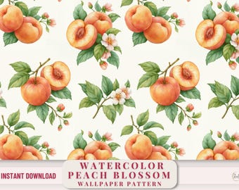 Peach Blossom Wallpaper Pattern Digital Download File Botanical Illustration Watercolor Nursery Background Summer Fruits Seamless Design