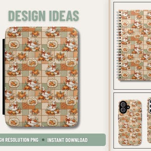Thanksgiving Pattern Collection Fall Patchwork Design Seamless Repeat Digital Download Autumn Farmhouse Style White Geese Orange Pumpkin Cream Pumpkin Daisy Flowers Rust Bow Accents Gingham Print Polka Dot Pattern Tote Bag Craft Project