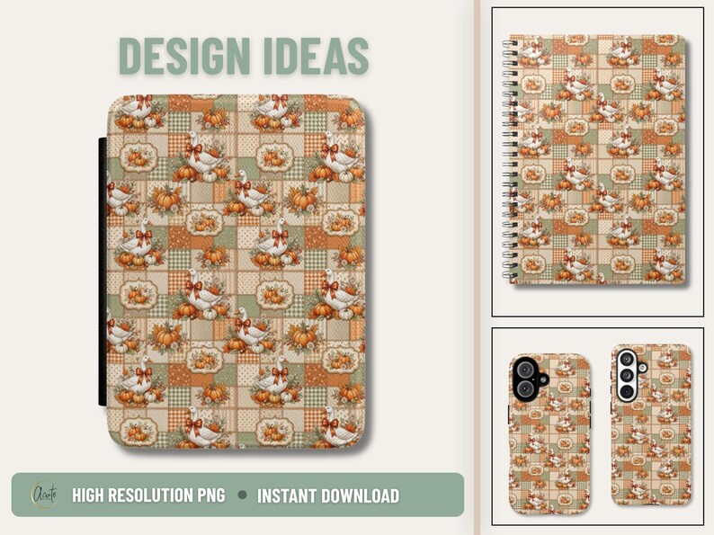 Thanksgiving Pattern Collection Fall Patchwork Design Seamless Repeat Digital Download Autumn Farmhouse Style White Geese Orange Pumpkin Cream Pumpkin Daisy Flowers Rust Bow Accents Gingham Print Polka Dot Pattern Tote Bag Craft Project