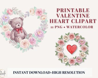 Valentine Heart Clipart Bundle Watercolor Floral Wreaths Teddy Bear Cupid PNG Set