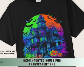 Neon Halloween Shirt Design Png Spooky House Transparent Sublimation Retro Haunted Mansion Bats Pumpkins Jack Lantern Face Victorian