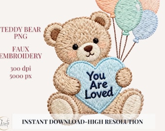 You Are Loved Teddy Bear DTF Faux Embroidery PNG Printable Nursery Wall Art