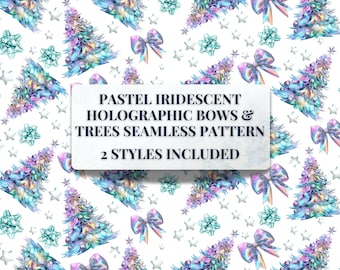 Xmas Gift Wrap Holographic Bows Tree Pattern Preppy Christmas PNG Seamless Design