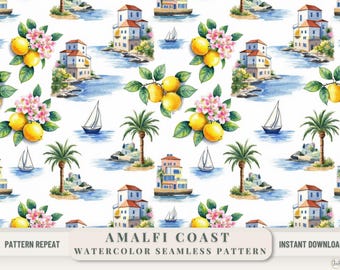 Amalfi Coast Pattern Coastal Wallpaper Italian Summer Lemon Watercolor Seamless Fabric Mediterranean Design Trendy Phone Case Background