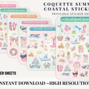 May include: Six printable sticker sheets with a coastal summer theme. Each sheet features watercolor illustrations of beach-related items, including sailboats, crabs, and bows. The text "Coquette Summer Coastal Stickers" is displayed at the top.