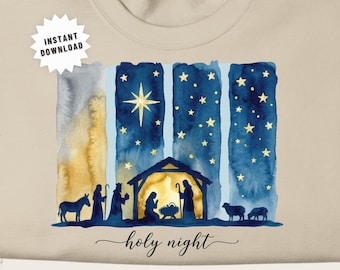 Christmas Nativity PNG Holy Night Watercolor Art Religious Christian Sublimation Design Digital Download