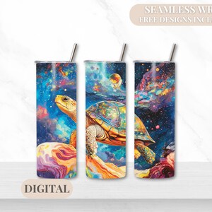 May include: A digital design featuring a colorful, abstract galaxy background with a sea turtle swimming through the stars. The design is perfect for creating custom tumblers, mugs, or other personalized items.