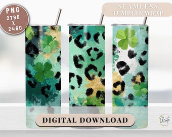 Grunge Leopard Shamrock Tumbler Wrap PNG  Bold St Patrick’s Day 20 ounce Sublimation Design