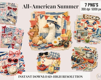 Vintage Americana Clipart Bundle Digital Art Graphics Summer Holiday 4th of July Memorial Day Patriotic Sublimation Printing