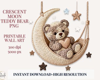 Crescent Moon Teddy Bear PNG Nursery Clipart Baby Shower Wall Art Valentine Bear Design