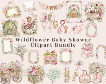 Baby Shower Clipart Watercolor Wildflower Digital Farmhouse Decoration Nursery Wall Art Pink Floral Illustration Rustic Barn Teddy Bear