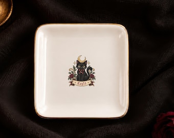 Personalized Black Cat Jewelry Dish Witchy Ring Dish Gothic Trinket Custom Name Catchall  Tray Cat Lover Gift