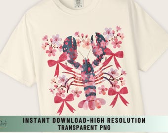 Pink Lobster Clipart Watercolor Illustration Cherry Blossom Floral Graphic Transparent Background Png Sublimation Design Digital Printable