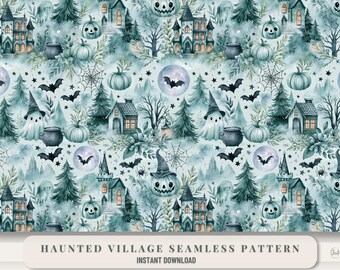 Halloween Seamless Pattern Digital Paper Ghost Town Haunted House Spooky Design Watercolor Background Craft Download Printable Scrapbook